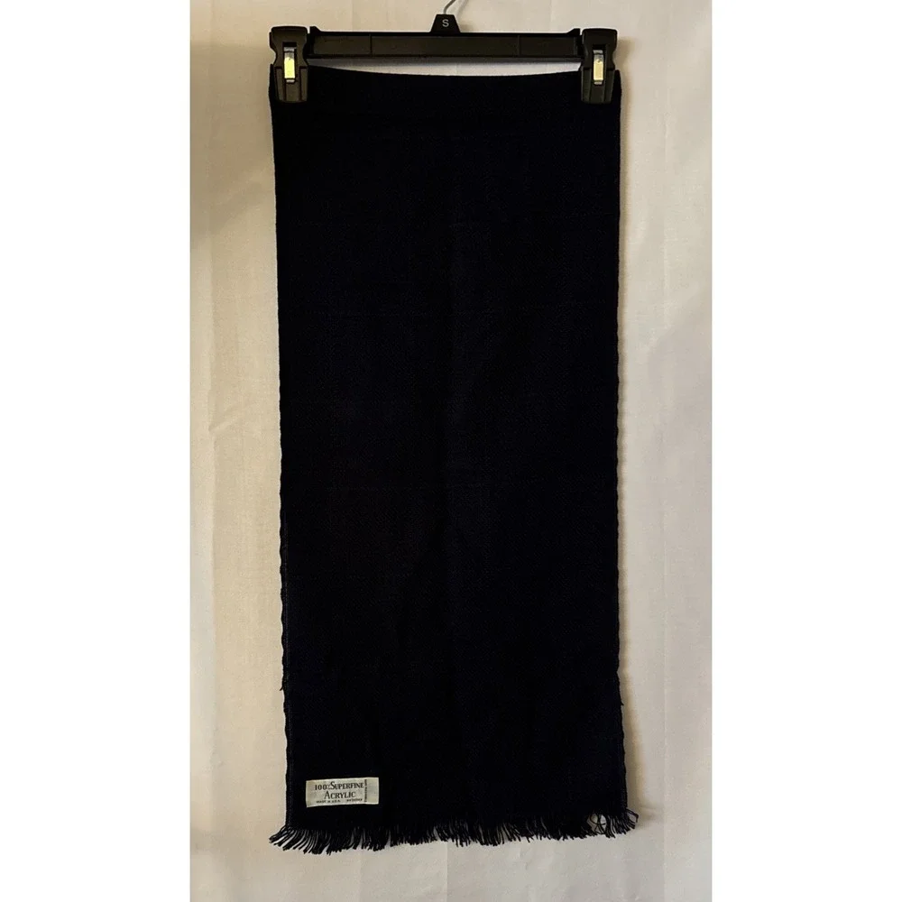 2 Vintage Made in USA Navy Blue Fringe Superfine Acrylic Checked Scarf 12x50‎
